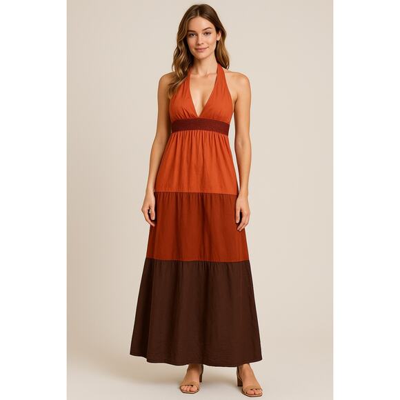 Y2K BCBG Paris Bohemian Cotton Tiered Halter Maxi Dress Color Blocked Size 2 - Picture 1 of 8